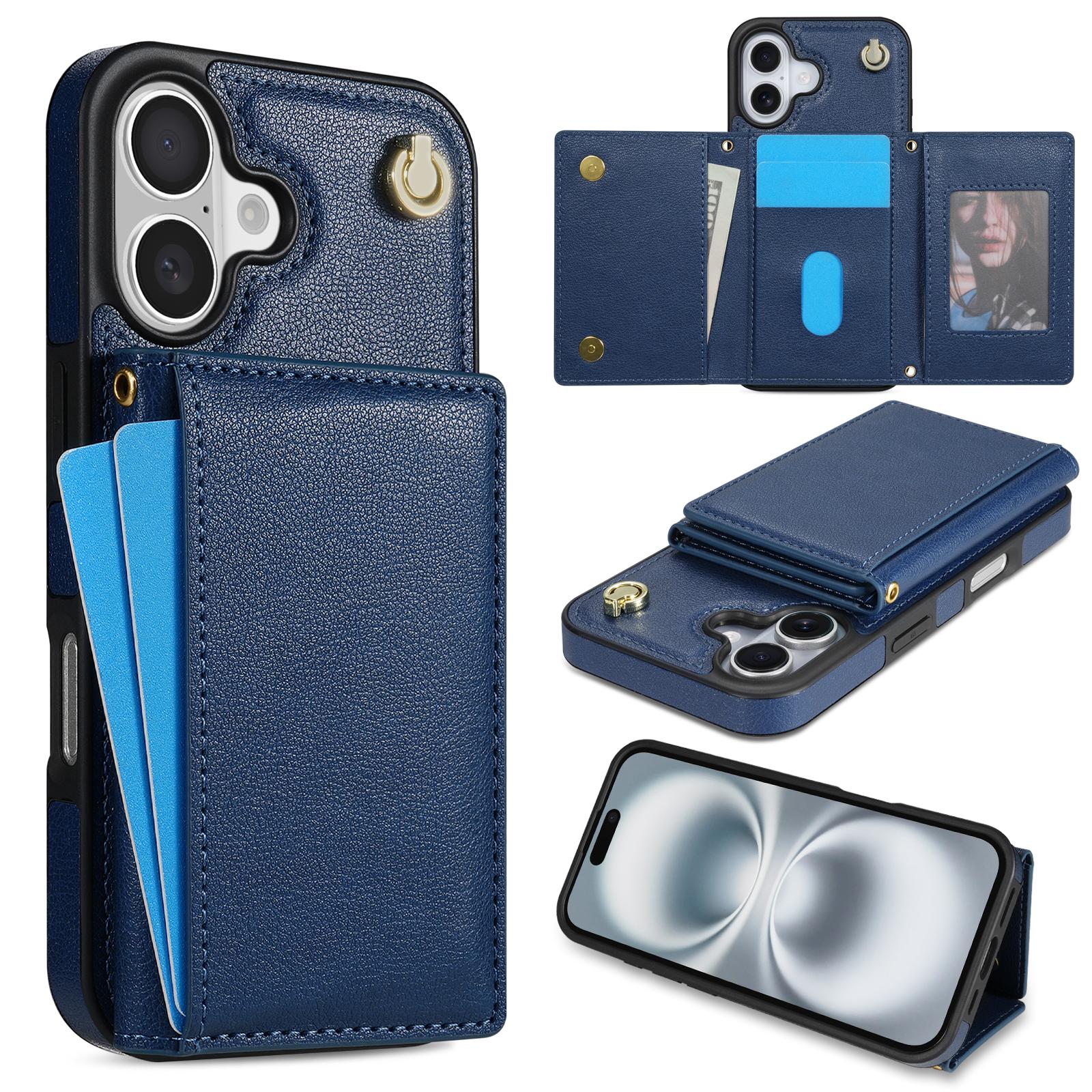 

BKS-003 For iPhone 16 Plus Case Tri-Fold Card Holder Kickstand TPU+Leather Back Cover with Shoulder Strap Blue
