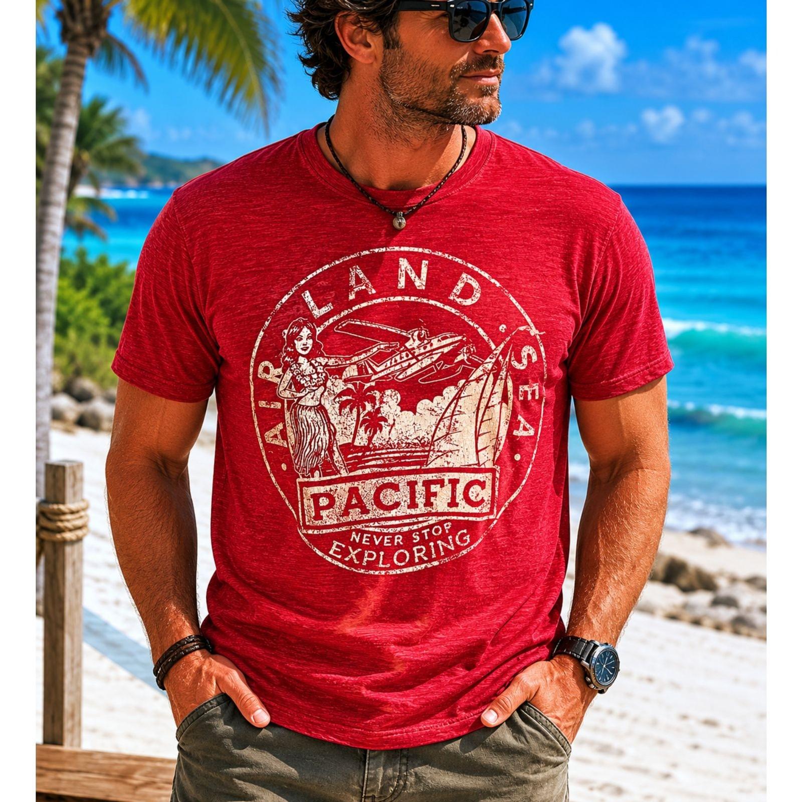Air Land Sea Pacific Graphic T-Shirt Hula Girl Tropical Palm Trees Vacation Med XL