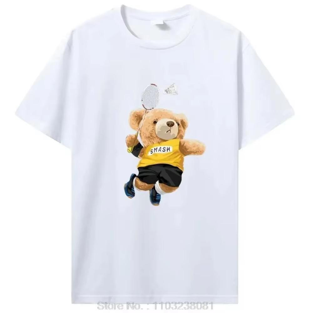 Teddy Bear Playing Badminton Tshirt Exercise Clothing Cotton Tops Graphics Kawaii Men Women Short Sleeve Printed T-Shirt