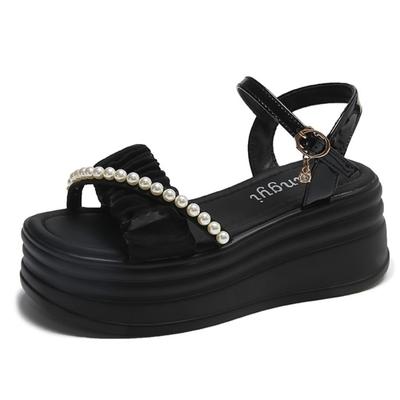 Mode 7cm Dikke Platform Sandalen Dames Nieuwe Zomer Zoete Parel Enkelbandje Wedge Sandalias Mujer Comfort Antislip Dikke Zool Sandalen