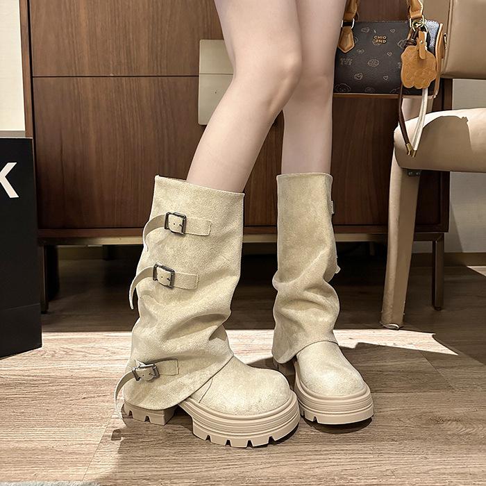 

2025 весна новые толстоподошвенные ноги длинные в стиле Spice Girls, но рыцарские сапоги до колена, ретро, универсальные сапоги-трубы на платформе, женские 37 абрикосовый