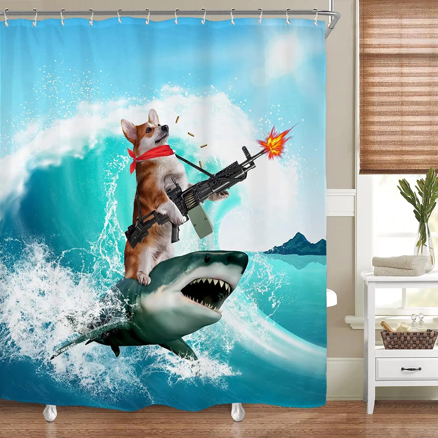

Funny Kids Shower Curtains For Bathroom Decor Corgi Cute Dog Riding Shark Nautical Ocean Boys Animal Hilarious Fabric Polyester 90x180cm-35x70in