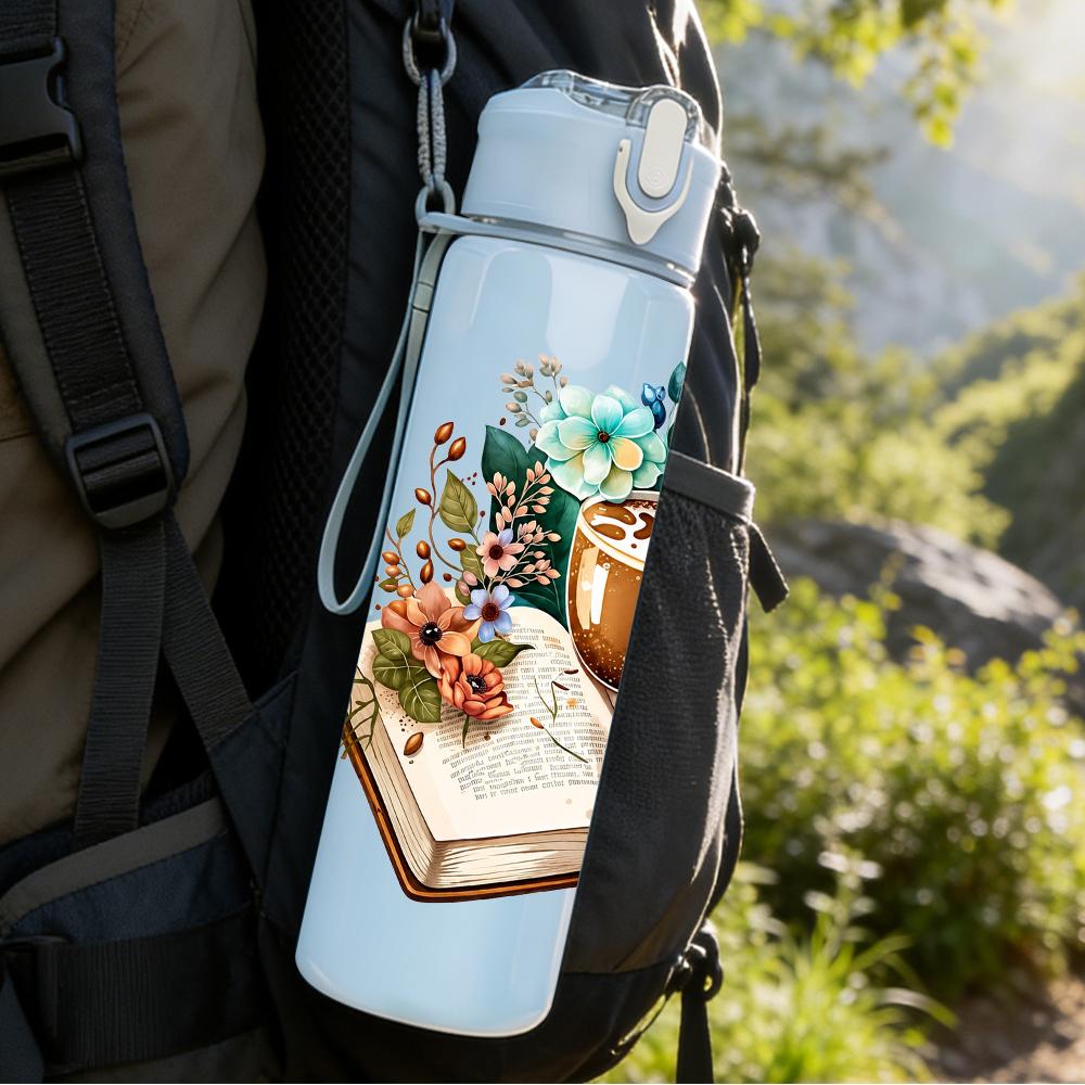 1PC Book Coffee Cup Floral Combo 750ml Color Plastic Sports Water Bottle Leakproof Flip Straw Lid Suitable for Sports Office Home Use