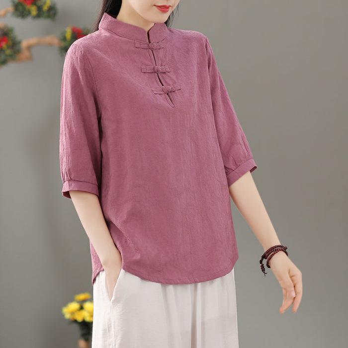 Blusa de Lino para Mujer Estilo Chino Cuello Mandarín Botón de Rana Manga Media Casual Primavera Verano