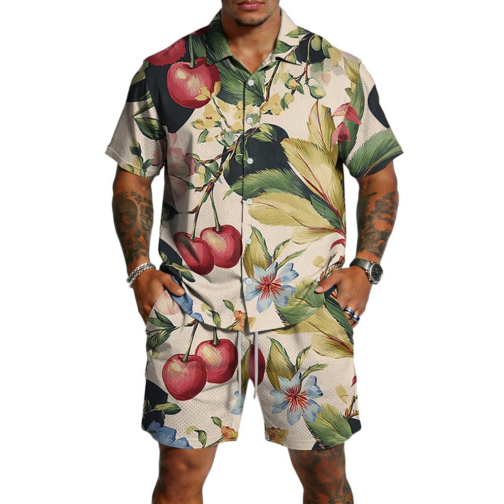 Men's Casual Printed Lightweight Breathable Shirt and Drawstring Shorts Set