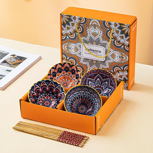 

Bohemia Hand-painted Ceramic Bowls Tableware Cartoon Panda Gifts Bowls Chopsticks Set Gift Box Dishes 2 bowls 2 chopsticks