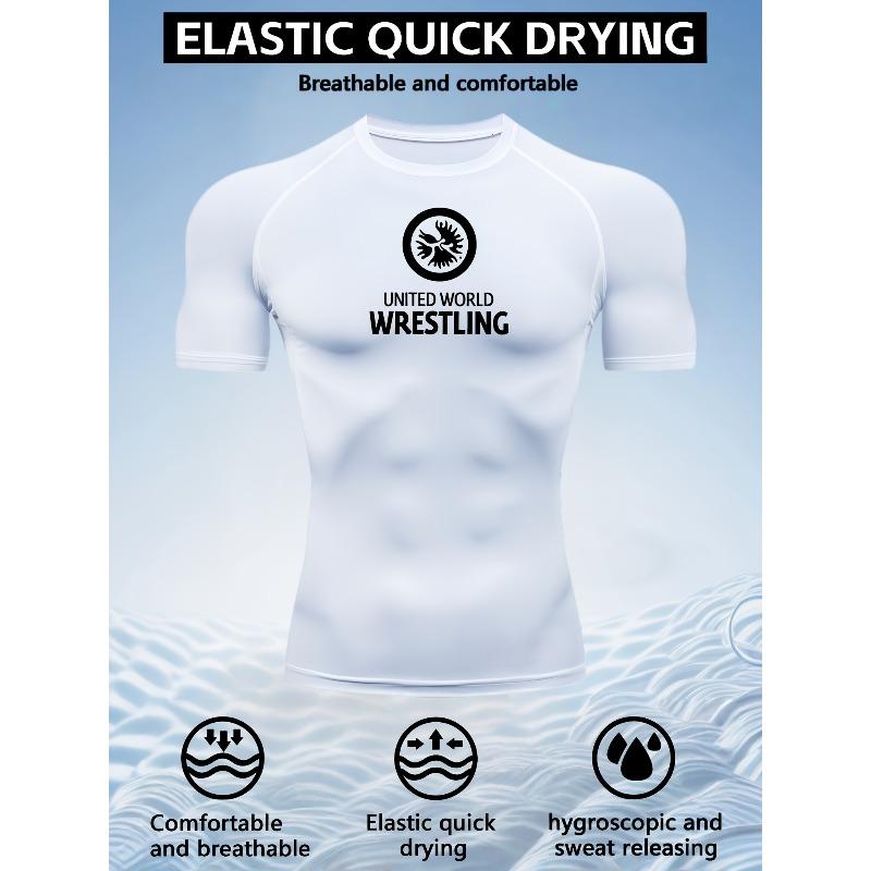 Men's White Compression T-Shirt with "United World Wrestling" Print, Elastic Quick Drying Breathable Wrestling & Gym Training Top