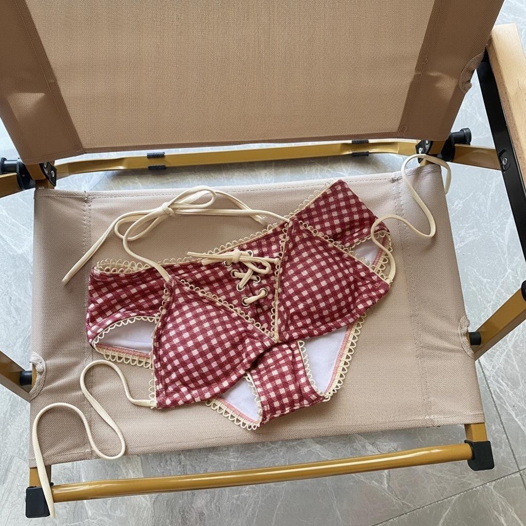 Red plaid print bikini American hottie bikini high waist plaid swimsuit women s high sense small chest beach vacation S