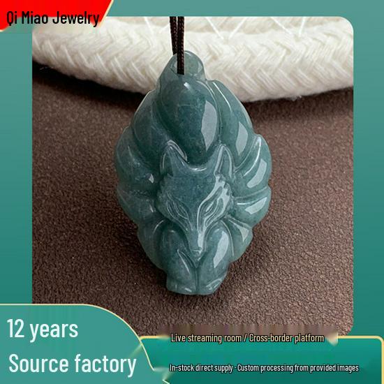 Natural A-Grade Jade Nine-Tailed Fox Pendant with Sticky Rice Texture – Old Blue Water Fox Spirit Design.