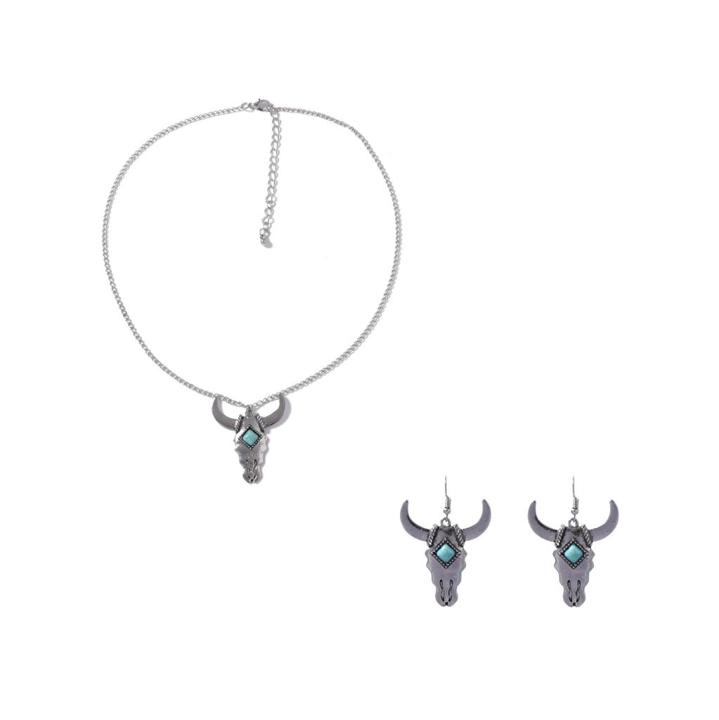 Western cowboy style personality trend inlaid green turquoise bull head ear hook necklace set foreign trade accessories
