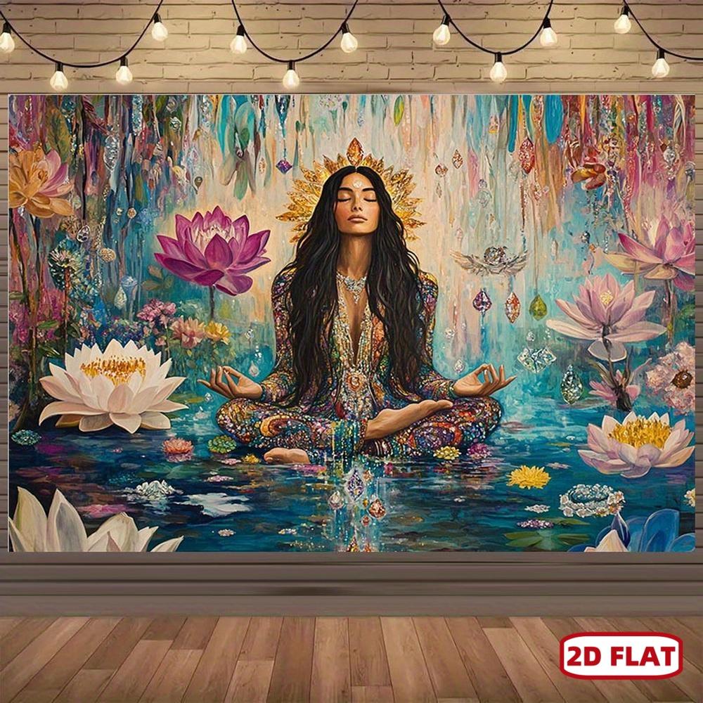 Textilien Unisex Meditation Woman Lotus Flower Tapestry Spiritual Art Yoga Decor Boho Wall Hanging Colorful Water Scene Living Room Print