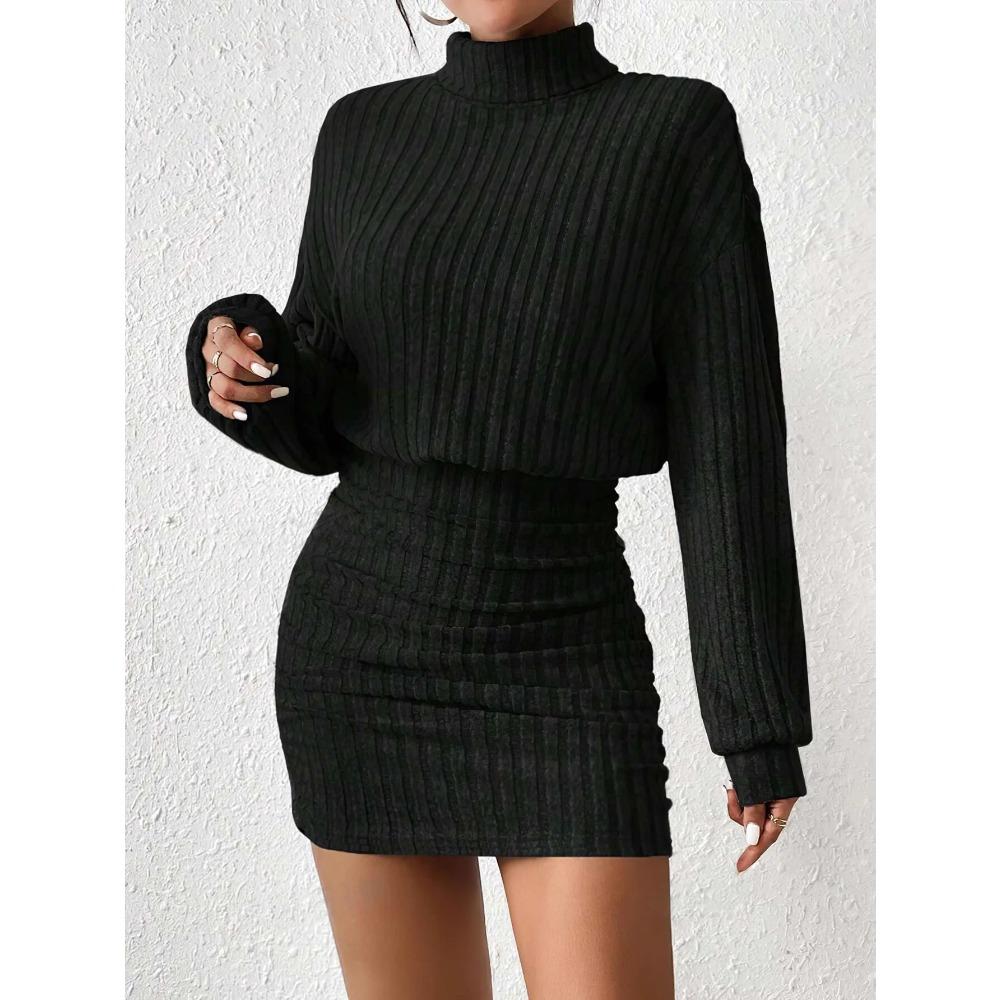 Women's Autumn Winter Fashion High Neck Knitted Sweater Dress Female Casual Solid Loose Long Sleeve Warm Mid Length Dresses