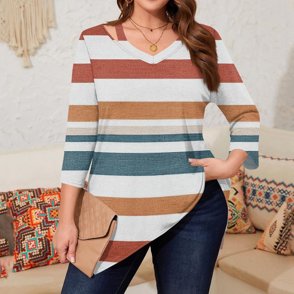 Women's Print Plus Size Tops Hollow V Neck 3/4 Sleeve Shirt Elegant Casual Tops