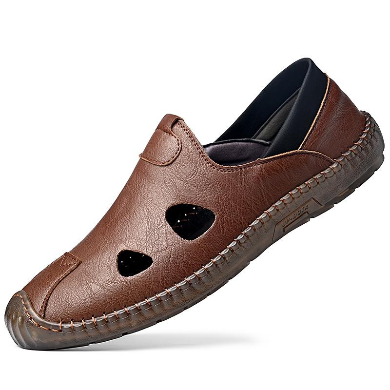 Genuine leather men's shoes 2025 new summer hollow breathable hole shoes soft sole non-slip shoes leather shoes