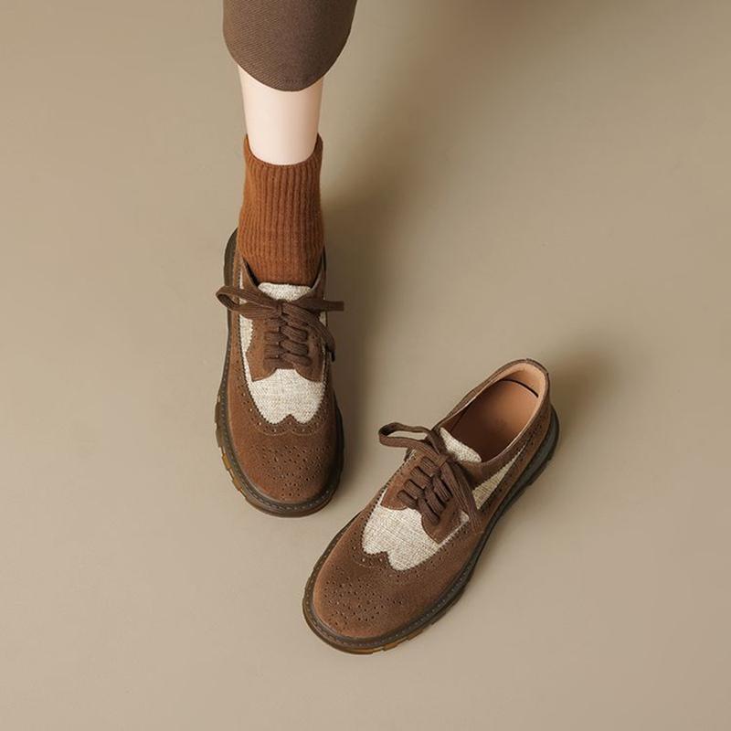 Fashion NEW Spring/Autumn Women Loafers Round Toe Chunky Heel Shoes Cow Suede Leather Shoes Women Lace-up Women Pumps Black Brogue Shoes