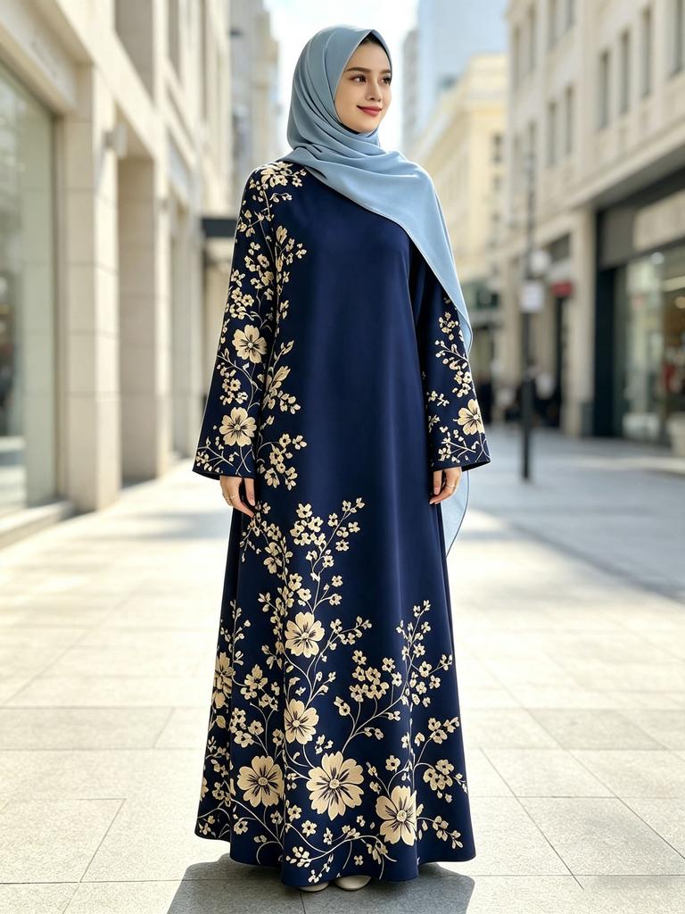Floral Printed Muslim Women Modest Long Dress Islamic Party Ramadan Arabic Kaftan Elegant Polyester Abaya S-4XL