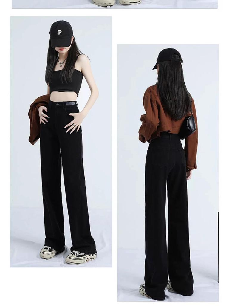 Women's High-Waisted Black Jeans - Slimming Petite Fit, Straight-Leg Style for Spring & Autumn 2025