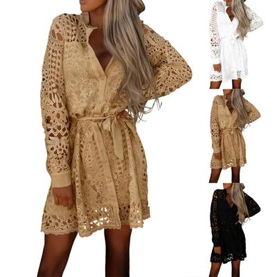 Women's Long Sleeve  V Neck Hollow Out Eyelet Lace A Line Dresses