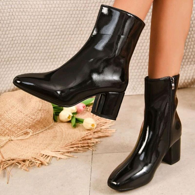 Luxury Women's Boots Side Zip Ankle Boots Block Heels Pointed Toe Women Boots Fashion Women High Heels 2025 New Botas Para Mujer