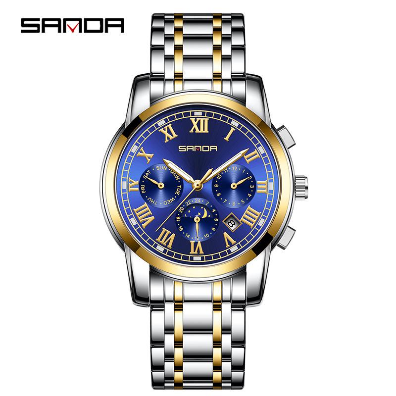 SANDA Retro Mechanical Moon Phase Steel Band Men s Waterproof Watch with Calendar and Exhibition Case.