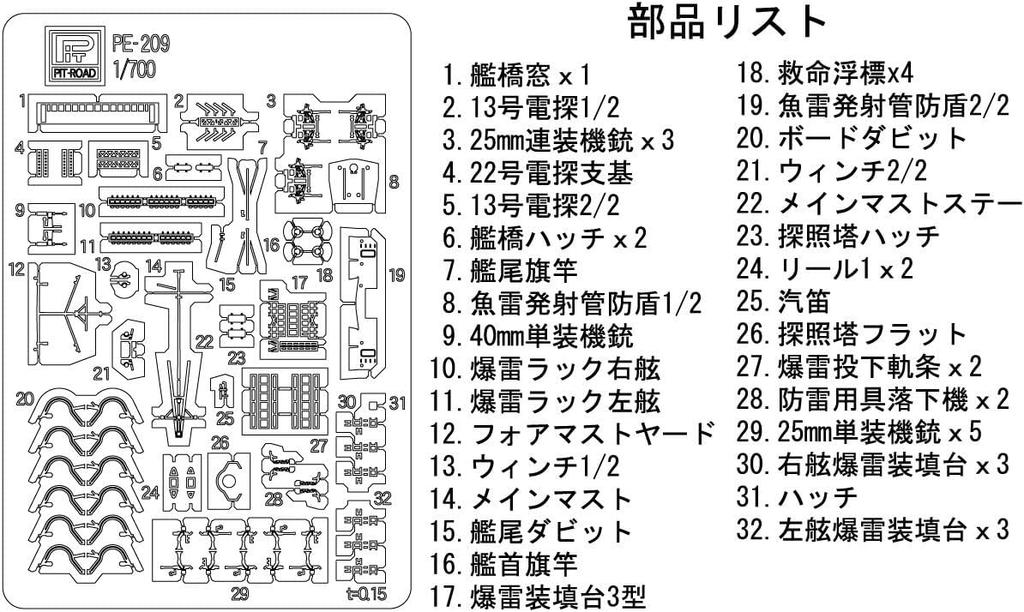 Pit Road etched parts for the Japanese Navy torpedo boat PE209 1/700 Kou-class