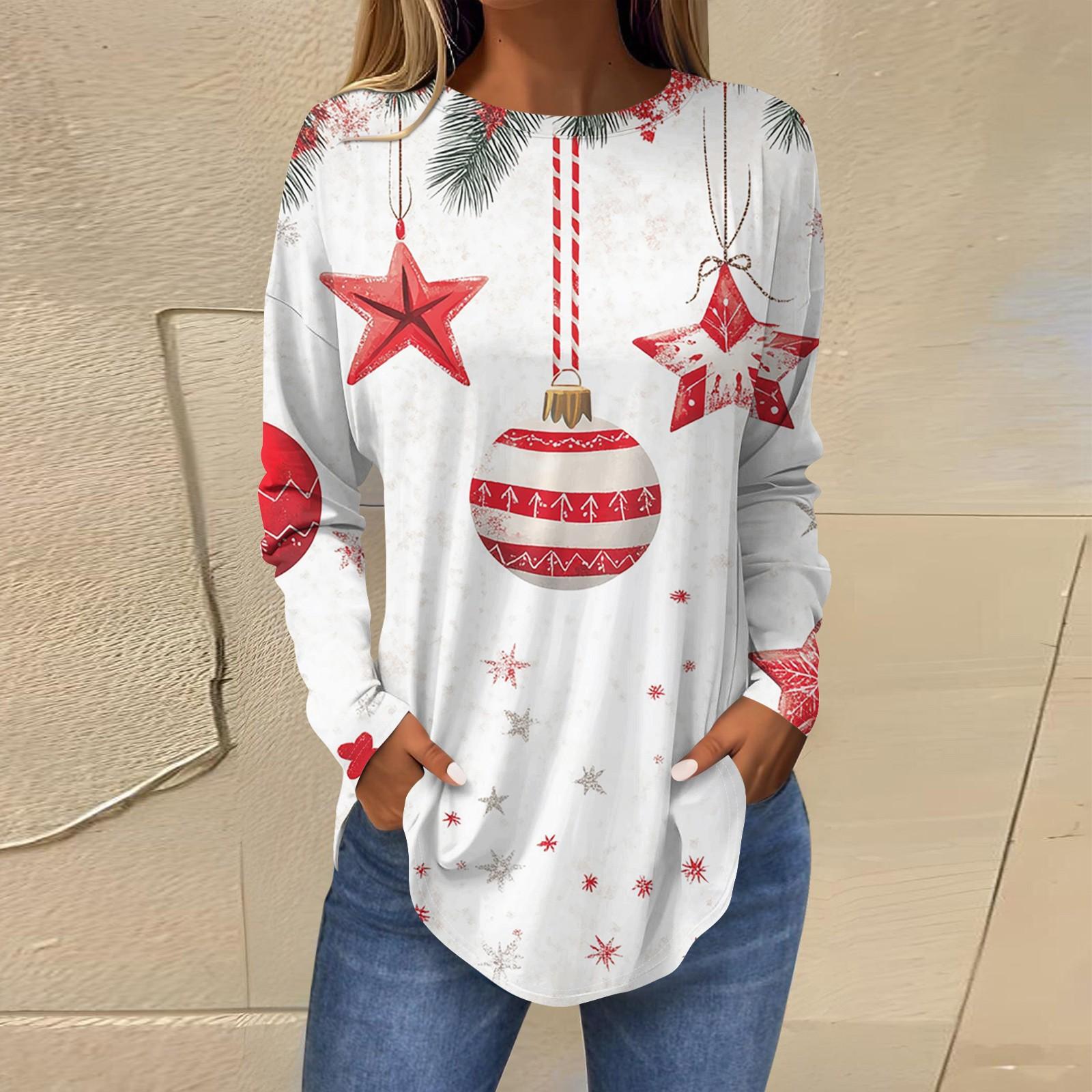 

Женская повседневная футболка больших размеров с длинными рукавами и круглым вырезом с рождественским принтом S белый