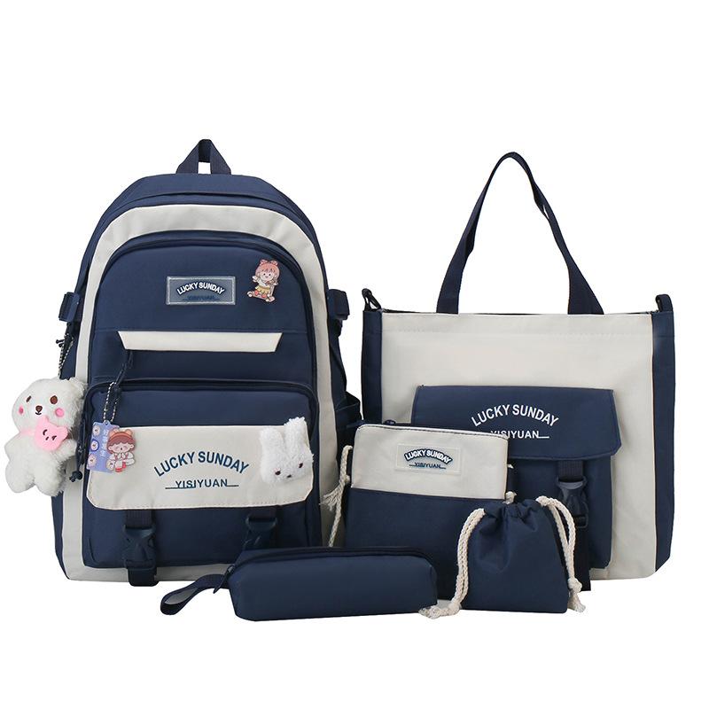 Middle School Boys and Girls School Bags Fashion Canvas Color Blocked Primary Student Backpack 5 Pcs Set Satchel with Tutoring Bag
