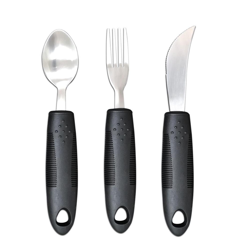 Adaptive Stainless Steel Anti-Tremor Tableware Set: Ergonomic Knife, Fork, Spoon with Rubber and Plastic Handles for Elderly Assistance