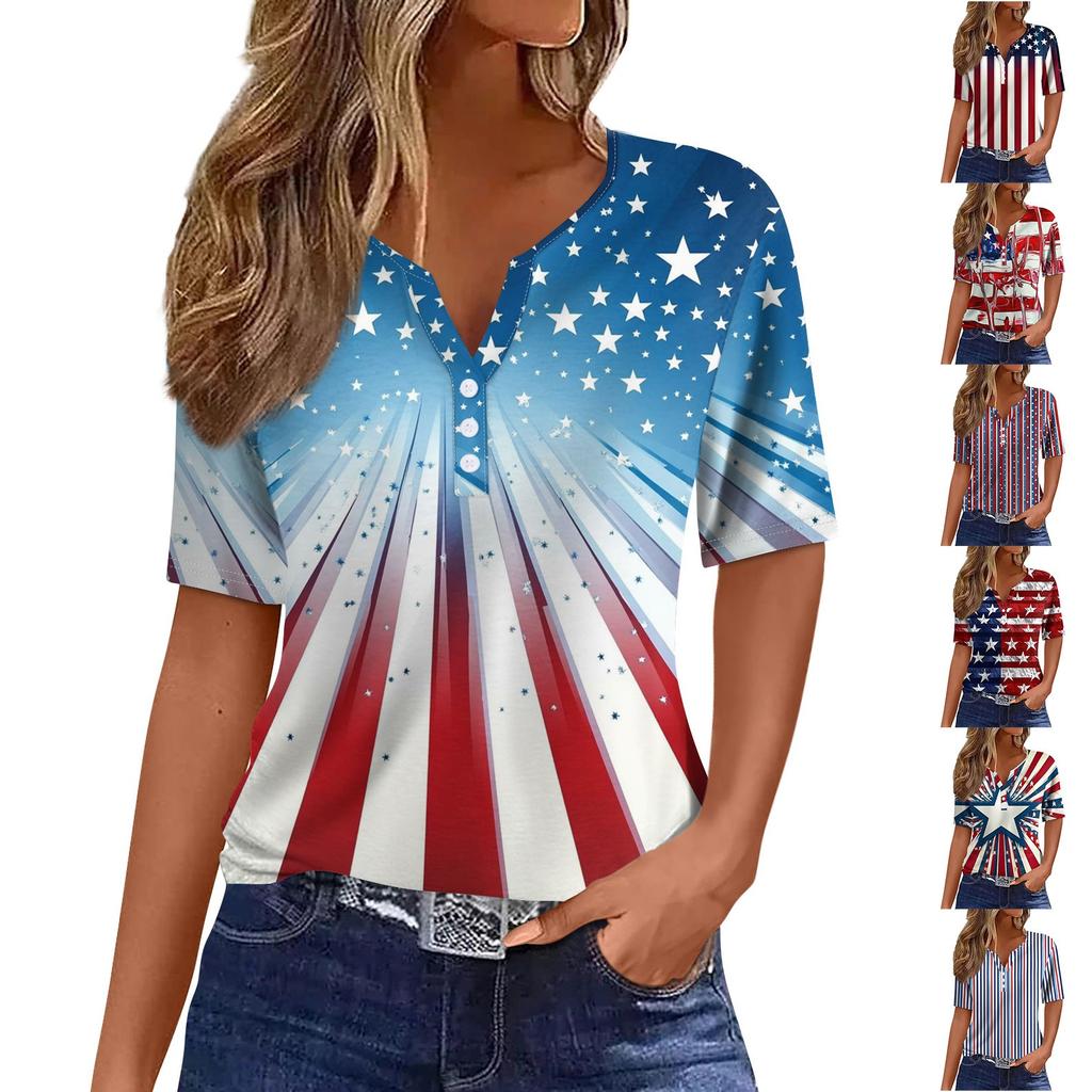 Women's T Shirt Tee Independence Day Print Button Short Sleeve Daily Weekend Fashion Basic V-Neck Regular Top