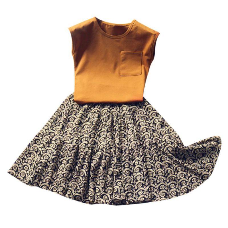 

Детский комплект одежды для девочек, комплект из жилета и юбки, топ без рукавов с карманами и юбка с цветочным принтом, детский комплект из двух предметов L/11