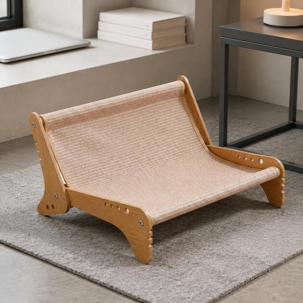 Wooden Feline Lounge Chair Wood-Framed Wooden Feline Couch Raised Pet Recliner Unobstructed Design Jute Pet Lounge Bed