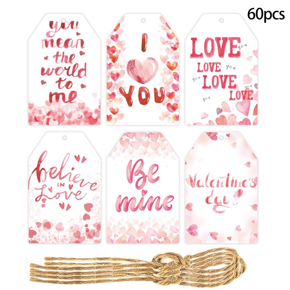 

60pcs New 6 Styles Valentines Day Gift Tags DIY with String Gift Packaging Labeling Hanging Romantic Party Labels Home Decor