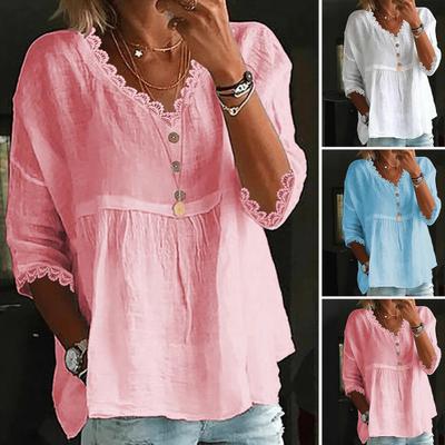 Damen-Shirt mit V-Ausschnitt, 3/4-Ärmeln, lockere Passform, Spitzenspleiß-Oberteile, einfarbig, lockere Passform, atmungsaktives Freizeithemd