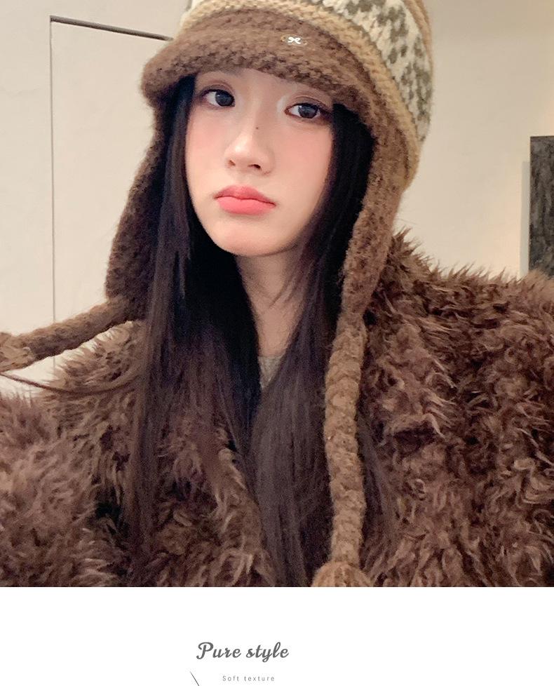 Women's Knitted Wool Lei Feng Hat with Large Brim and Ear Protection for Winter Warmth