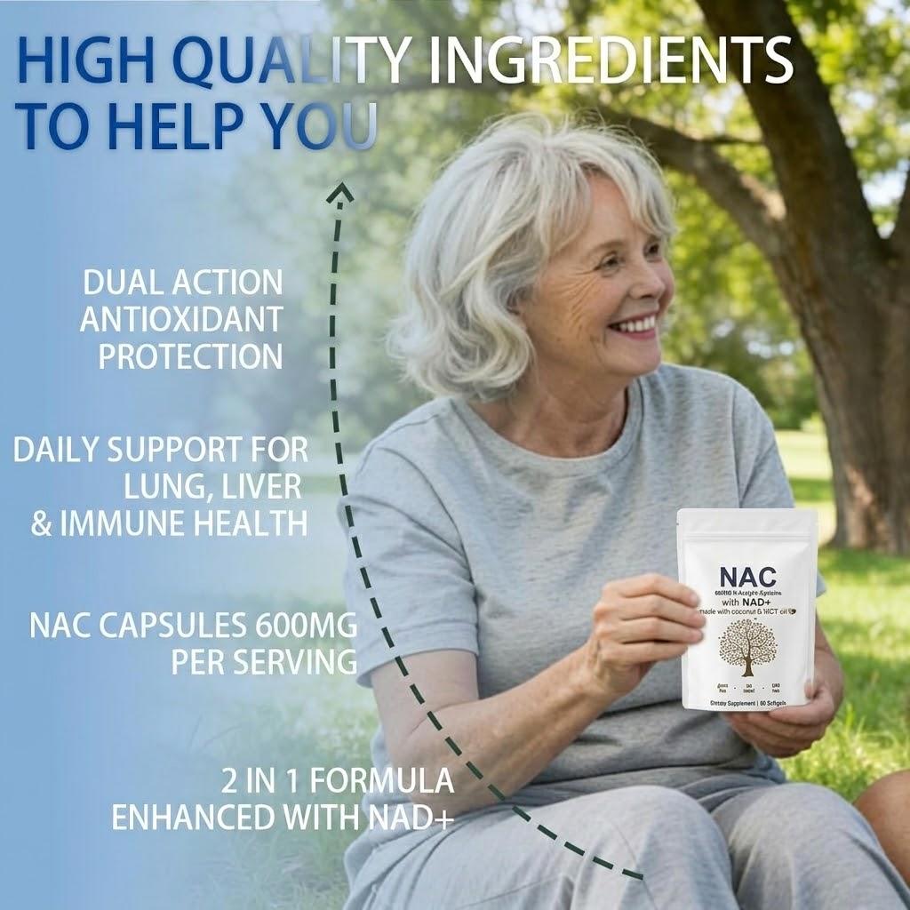 NAD+ a NAC 600 mg Buněčná energie a podpora zdraví jater s MCT a kokosovým olejem (60 měkkých gelů)