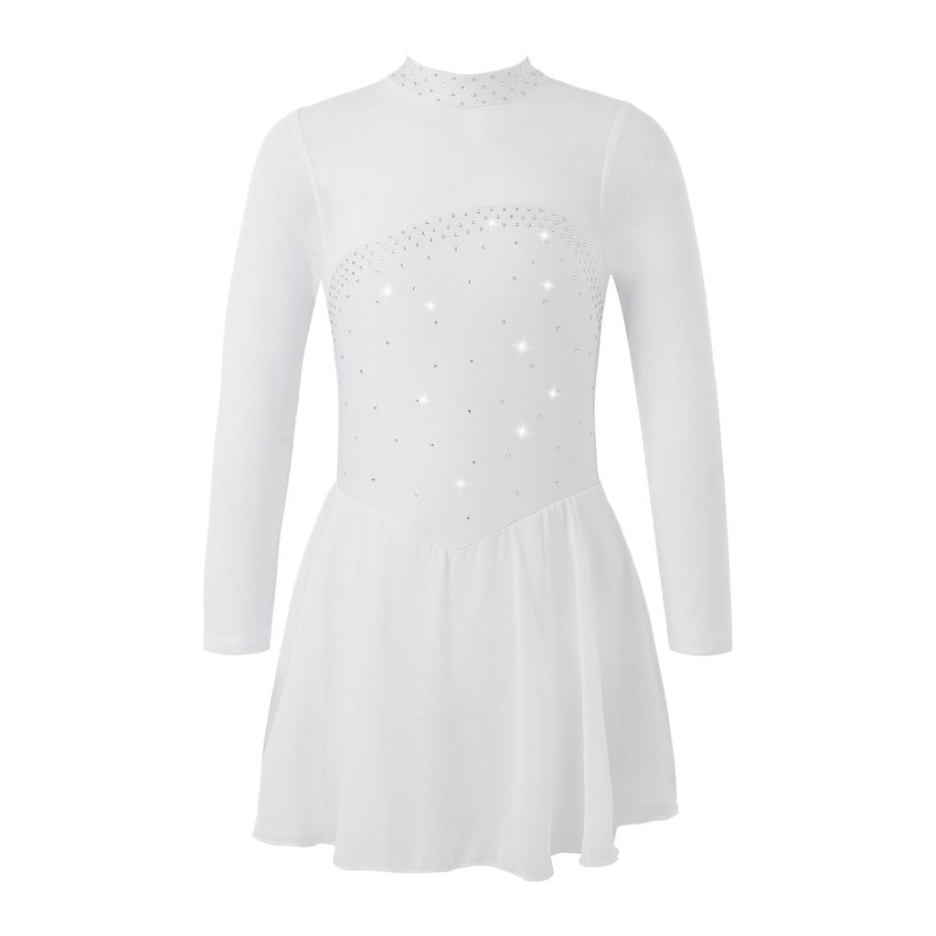 Girls Sparkling Mesh Dance Dress Long Sleeve Keyhole Back Leotard for Ice Skating Ballet Costume