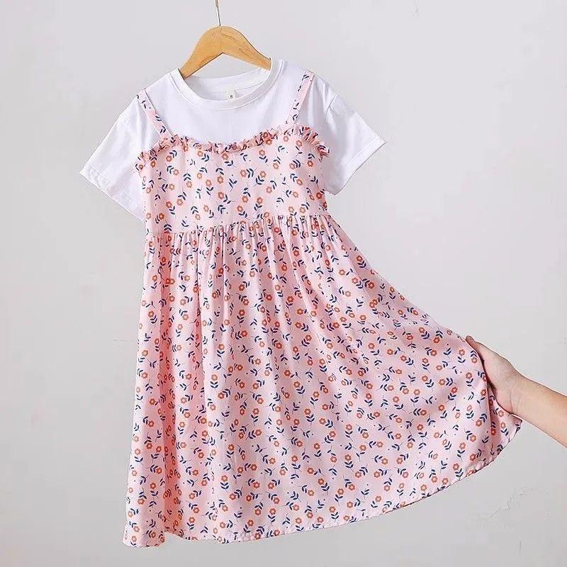 

Girls Summer New Fake Two Piece Dress Summer Dress Girls Cool Long Dress 160