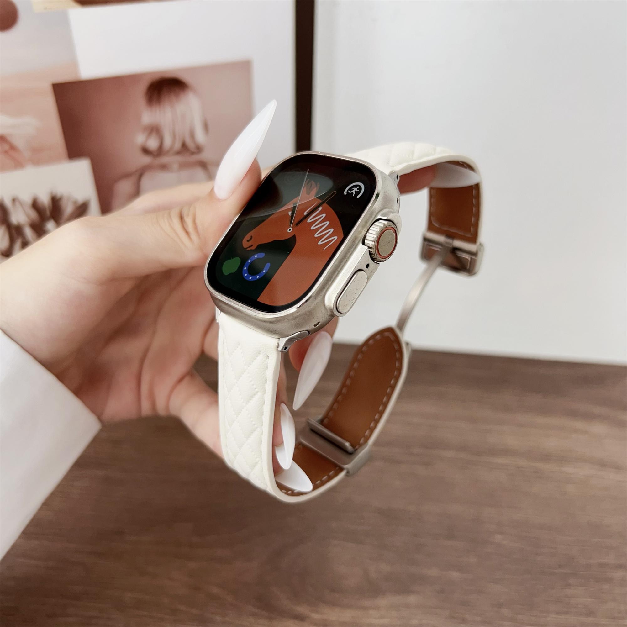 

Watch Band For Apple Watch Series 10 9 8 7 SE 6 5 4 3 2 1 42mm 41mm 40mm 38mm Magnetic Starlight Buckle Rhombus Leather Strap Army Green