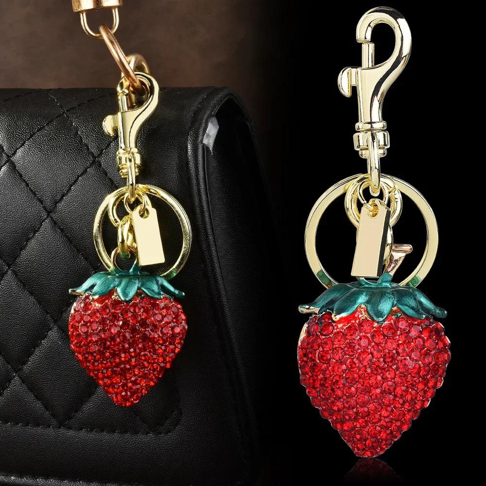 Metal Key Chain, Three-dimensional Fruit Bag Key Chain, Diamond-inlaid Strawberry Pendant