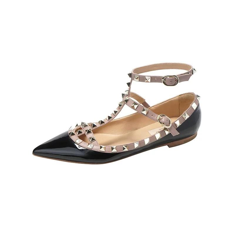 New V Home Rivet Pointed Flat Shoes Light Mouth Straps Willow Nude Patent Leather Soft Bottom Light Mouth Single Shoes Women