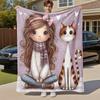 1pc Girl Cat Outdoor Flannel Blanket Soft Warm All-Season Throw for Sofa Bed Car Camping Office, Cozy Gift Idea1280S
