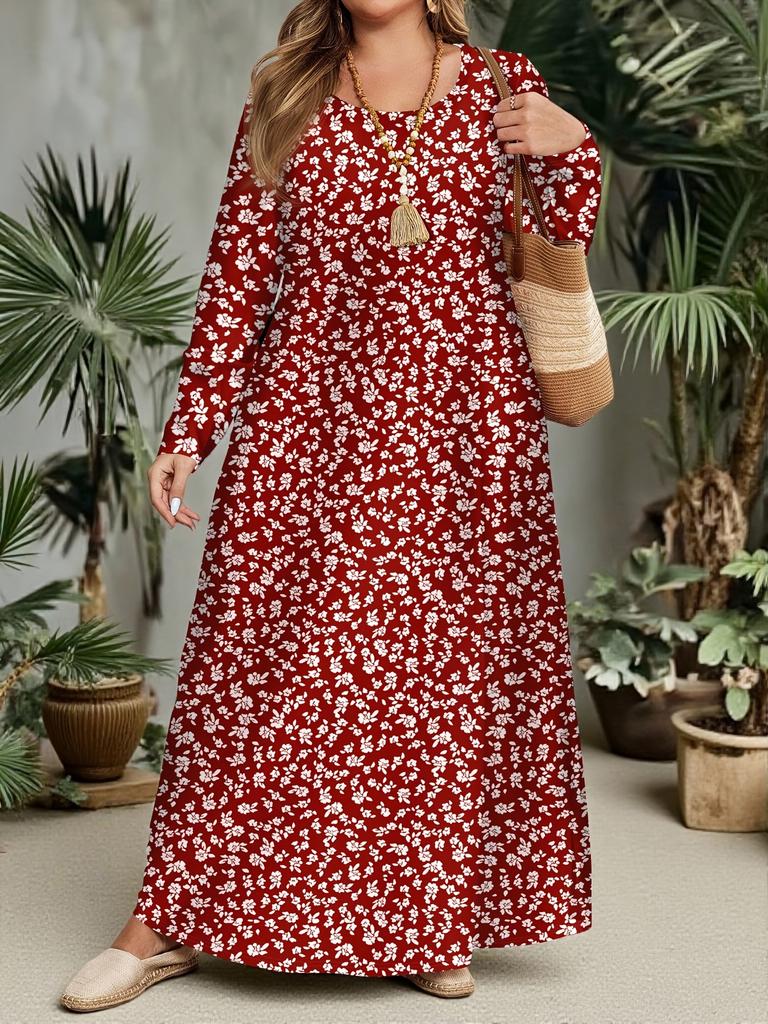 Spring and Autumn Women's Round Neck Long Sleeved Dress, Vacation Style Abstract Geometric Polka Dot Printed Long Skirt