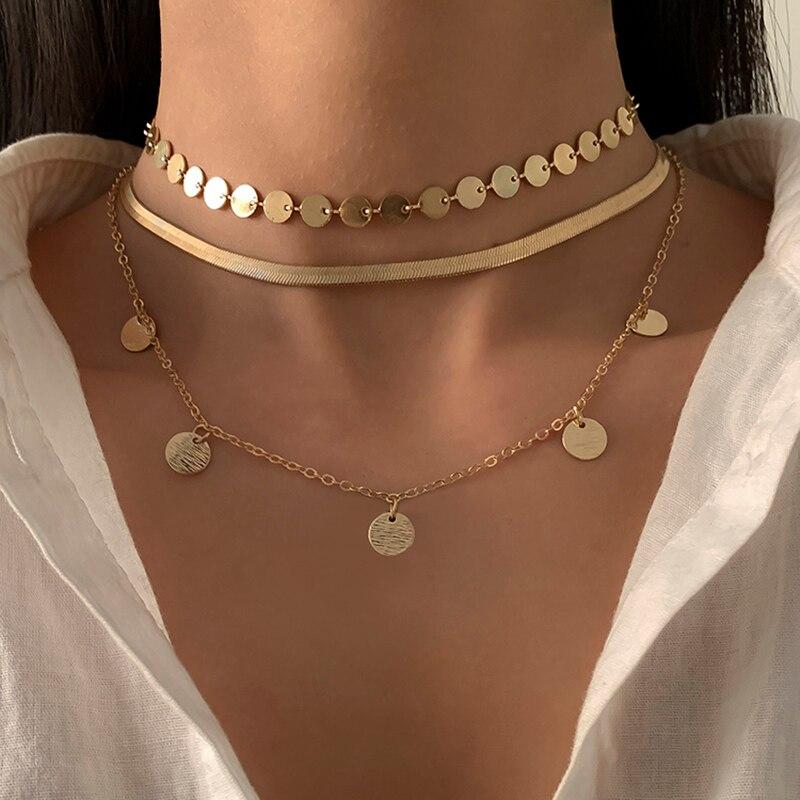 

Vintage Flat Snake Chain Sequin Pendant Choker Necklace for Women Fashion Statement Punk Clavicle Chain Aesthetic Jewelry Gift