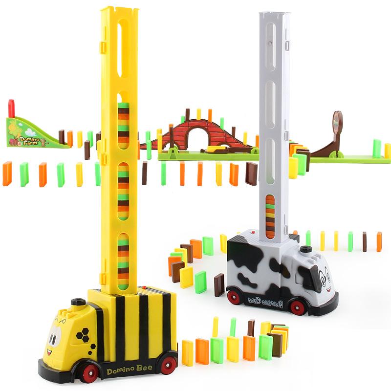 Children'S Educational Building Block Bee Cow Domino Small Train Diy Automatic Drop Electric Toy Car