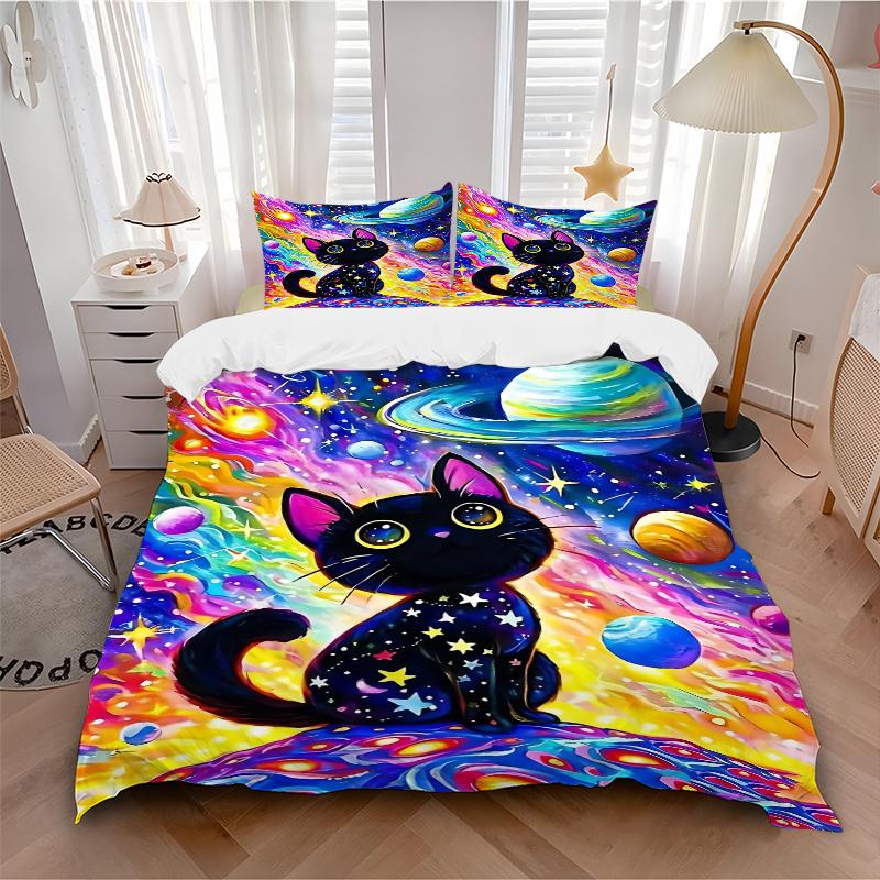 3pcs Cosmic Cats Art Printed Quilt Set - Soft and Comfortable Quilt Cover for Bedroom, Guest Room and Dormitory Decorative Bedding Set N022