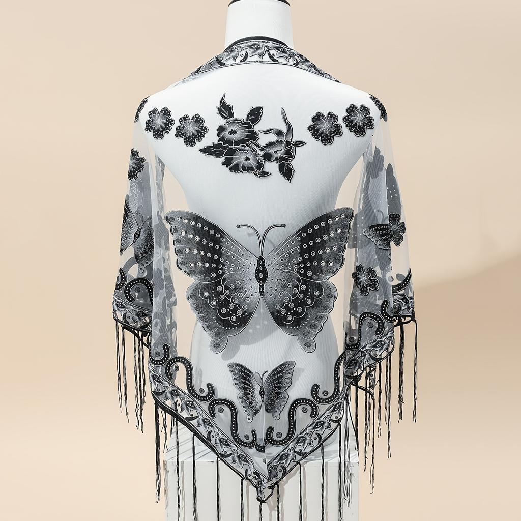Elegant Lace Triangle Shawl Wrap Women Scarf with Butterfly Print and Fringe Tassel for Evening Dress