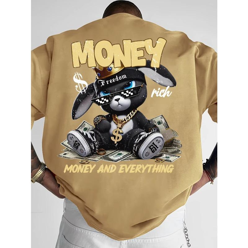MONEY AND EVERYTHING T-Shirt – Black Oversized Short Sleeve Tee, Rich Bunny Rabbit Graphic with Crown & Dollar, Hip Hop Streetwear