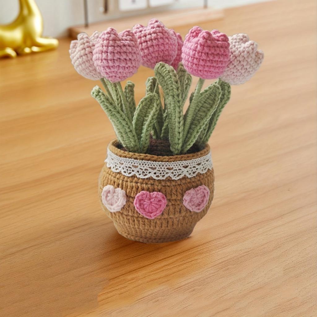 Handcrafted Crochet Tulips In Pot Dashboard Ornament Everlasting Fabric Flowers Bonsai Arrangement Vehicle Decor Accessory Handmade Yarn Potted