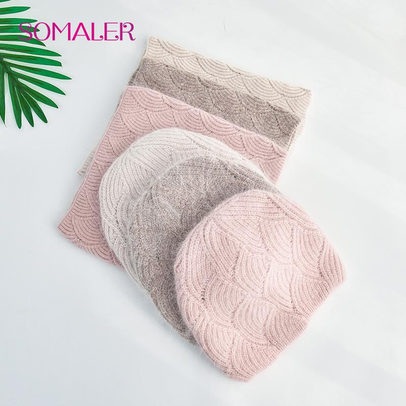 SOMALER Women's Winter Warm Fluffy Angora Hat Scarf Set Warm Angora Wool Knit Beanie  Neck Warmer 2 in 1 Gift Set