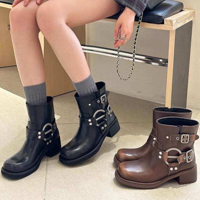 Western Cowboy Boots for Women Autumn Versatile Belt Buckle Retro Short Boots